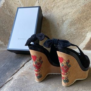 Women’s Gucci black suede tattoo wedge